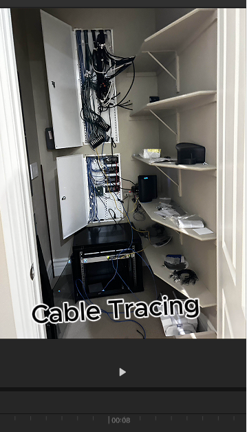 Cable tracing system in a room with shelves and cabinets.